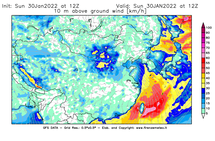 Mappa di analisi GFS - Velocità del vento a 10 metri dal suolo [km/h] in Asia Orientale
							del 30/01/2022 12 <!--googleoff: index-->UTC<!--googleon: index-->