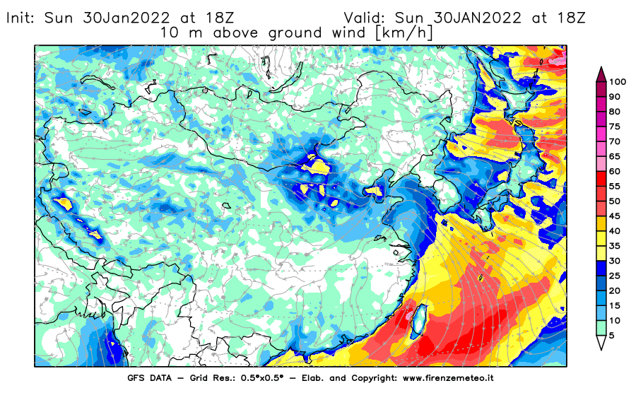 Mappa di analisi GFS - Velocità del vento a 10 metri dal suolo [km/h] in Asia Orientale
							del 30/01/2022 18 <!--googleoff: index-->UTC<!--googleon: index-->