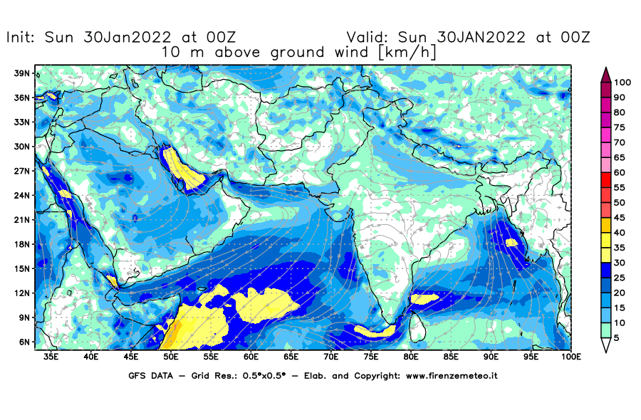 Mappa di analisi GFS - Velocità del vento a 10 metri dal suolo [km/h] in Asia Sud-Occidentale
							del 30/01/2022 00 <!--googleoff: index-->UTC<!--googleon: index-->