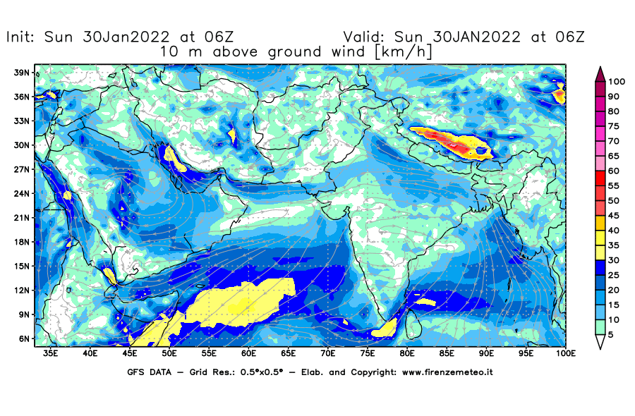 Mappa di analisi GFS - Velocità del vento a 10 metri dal suolo [km/h] in Asia Sud-Occidentale
							del 30/01/2022 06 <!--googleoff: index-->UTC<!--googleon: index-->