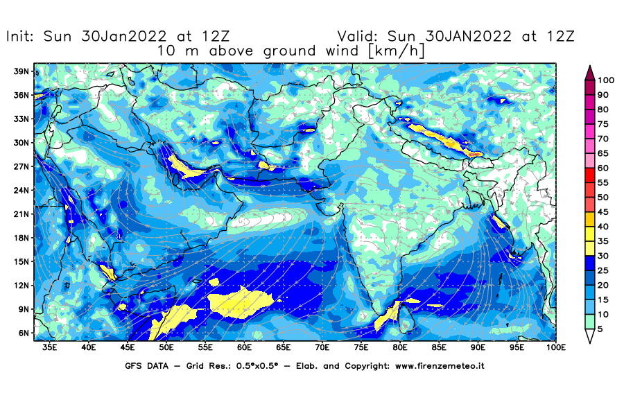 Mappa di analisi GFS - Velocità del vento a 10 metri dal suolo [km/h] in Asia Sud-Occidentale
							del 30/01/2022 12 <!--googleoff: index-->UTC<!--googleon: index-->