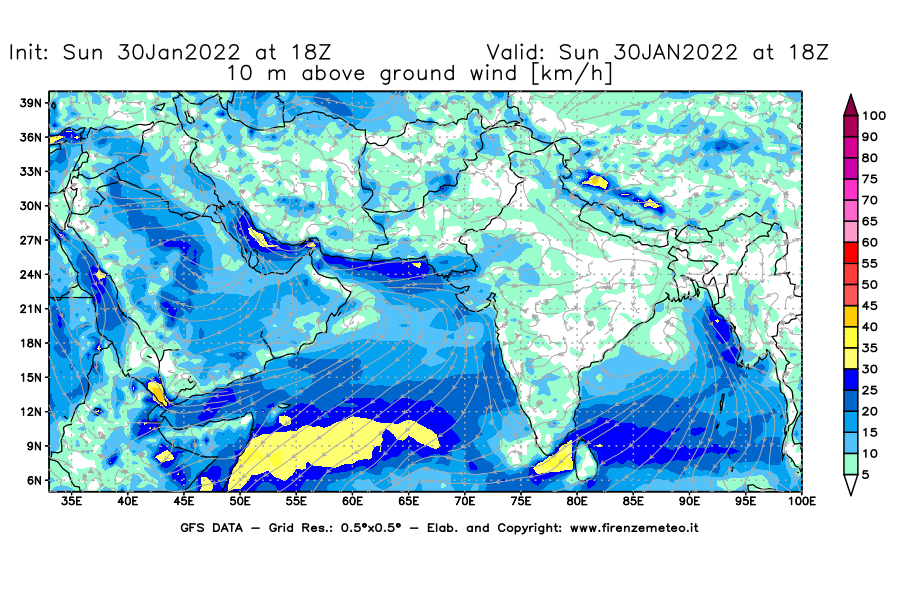 Mappa di analisi GFS - Velocità del vento a 10 metri dal suolo [km/h] in Asia Sud-Occidentale
							del 30/01/2022 18 <!--googleoff: index-->UTC<!--googleon: index-->
