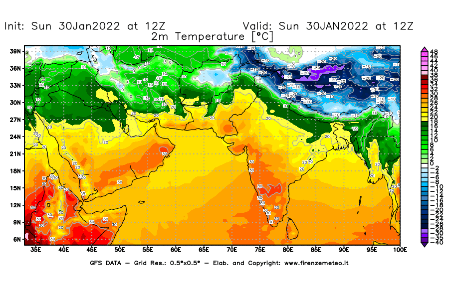 Mappa di analisi GFS - Temperatura a 2 metri dal suolo [°C] in Asia Sud-Occidentale
							del 30/01/2022 12 <!--googleoff: index-->UTC<!--googleon: index-->