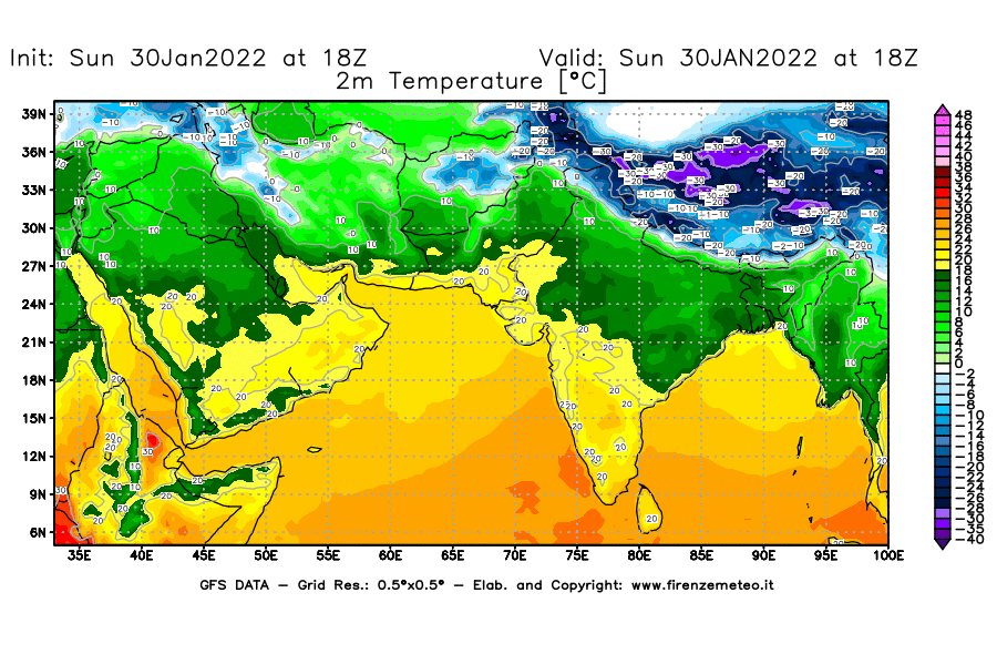 Mappa di analisi GFS - Temperatura a 2 metri dal suolo [°C] in Asia Sud-Occidentale
							del 30/01/2022 18 <!--googleoff: index-->UTC<!--googleon: index-->