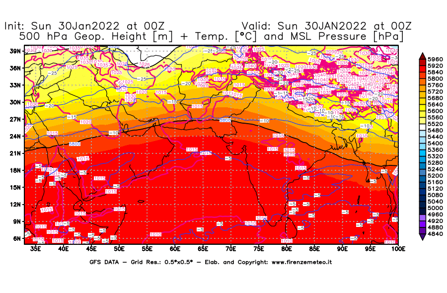 Mappa di analisi GFS - Geopotenziale [m] + Temp. [°C] a 500 hPa + Press. a livello del mare [hPa] in Asia Sud-Occidentale
							del 30/01/2022 00 <!--googleoff: index-->UTC<!--googleon: index-->