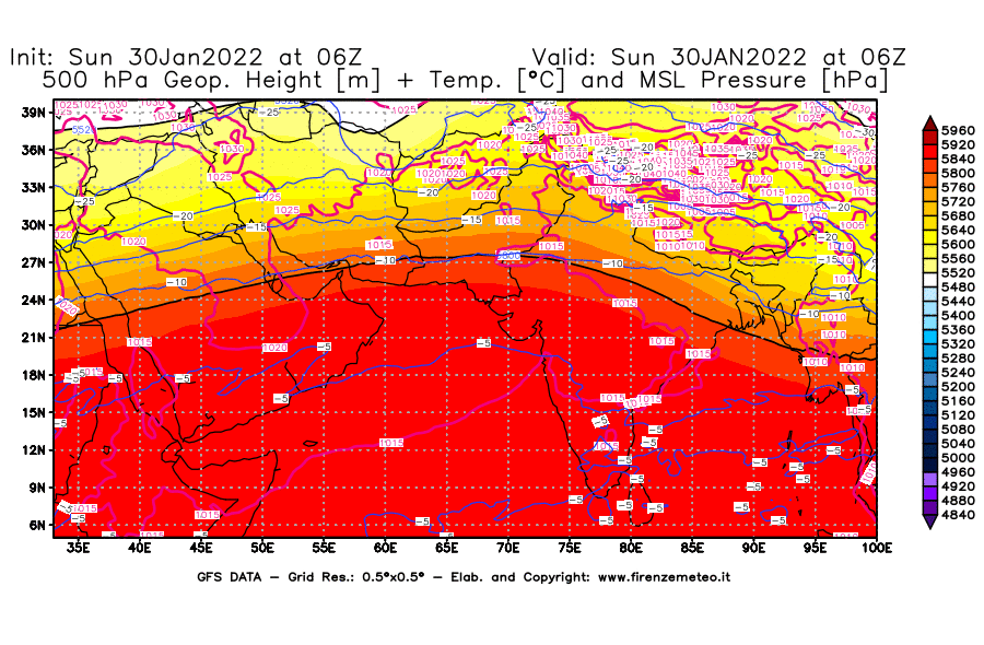 Mappa di analisi GFS - Geopotenziale [m] + Temp. [°C] a 500 hPa + Press. a livello del mare [hPa] in Asia Sud-Occidentale
							del 30/01/2022 06 <!--googleoff: index-->UTC<!--googleon: index-->