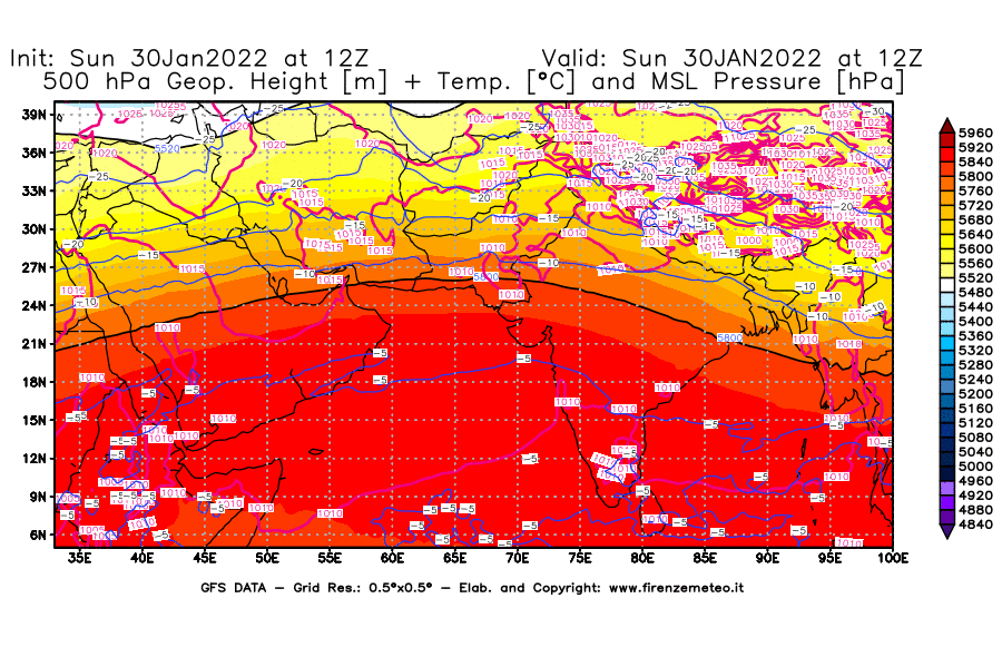 Mappa di analisi GFS - Geopotenziale [m] + Temp. [°C] a 500 hPa + Press. a livello del mare [hPa] in Asia Sud-Occidentale
							del 30/01/2022 12 <!--googleoff: index-->UTC<!--googleon: index-->