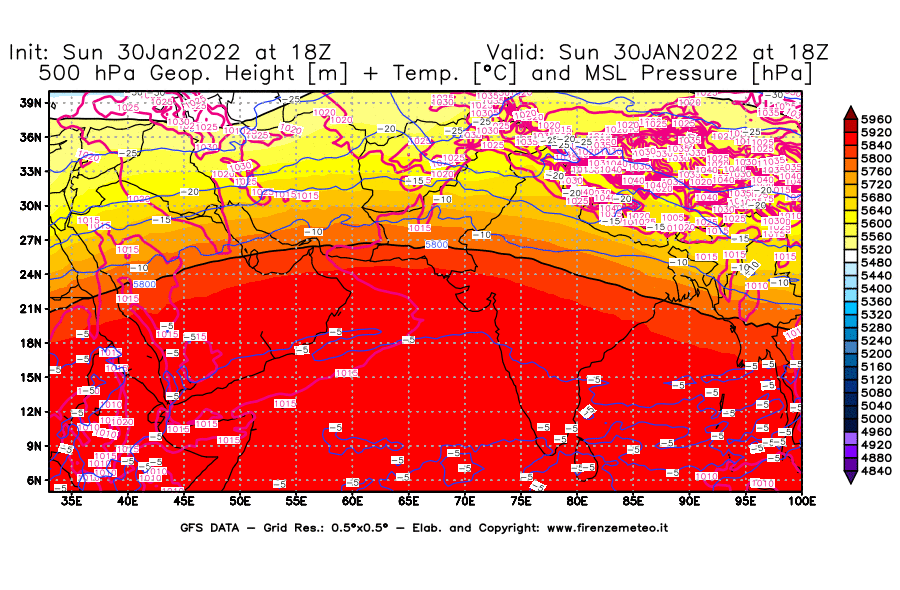 Mappa di analisi GFS - Geopotenziale [m] + Temp. [°C] a 500 hPa + Press. a livello del mare [hPa] in Asia Sud-Occidentale
							del 30/01/2022 18 <!--googleoff: index-->UTC<!--googleon: index-->