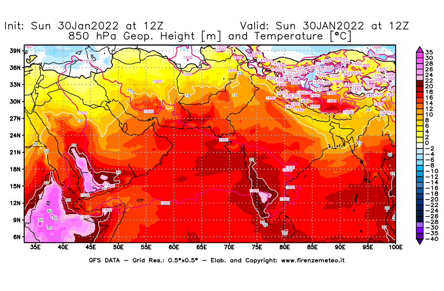 Mappa di analisi GFS - Geopotenziale [m] e Temperatura [°C] a 850 hPa in Asia Sud-Occidentale
							del 30/01/2022 12 <!--googleoff: index-->UTC<!--googleon: index-->