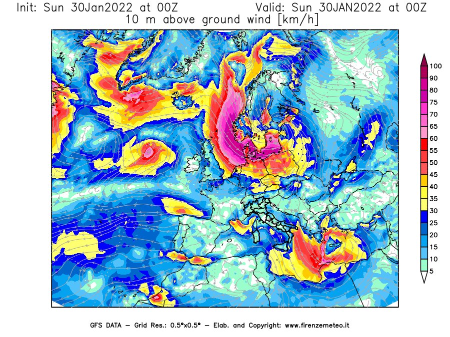 Mappa di analisi GFS - Velocità del vento a 10 metri dal suolo [km/h] in Europa
							del 30/01/2022 00 <!--googleoff: index-->UTC<!--googleon: index-->