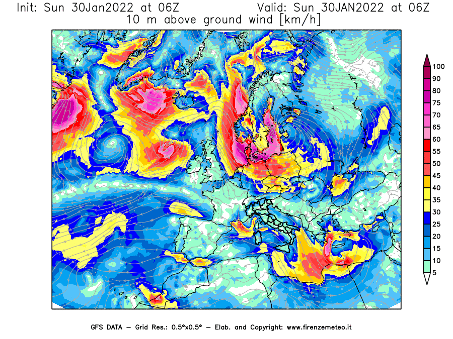 Mappa di analisi GFS - Velocità del vento a 10 metri dal suolo [km/h] in Europa
							del 30/01/2022 06 <!--googleoff: index-->UTC<!--googleon: index-->