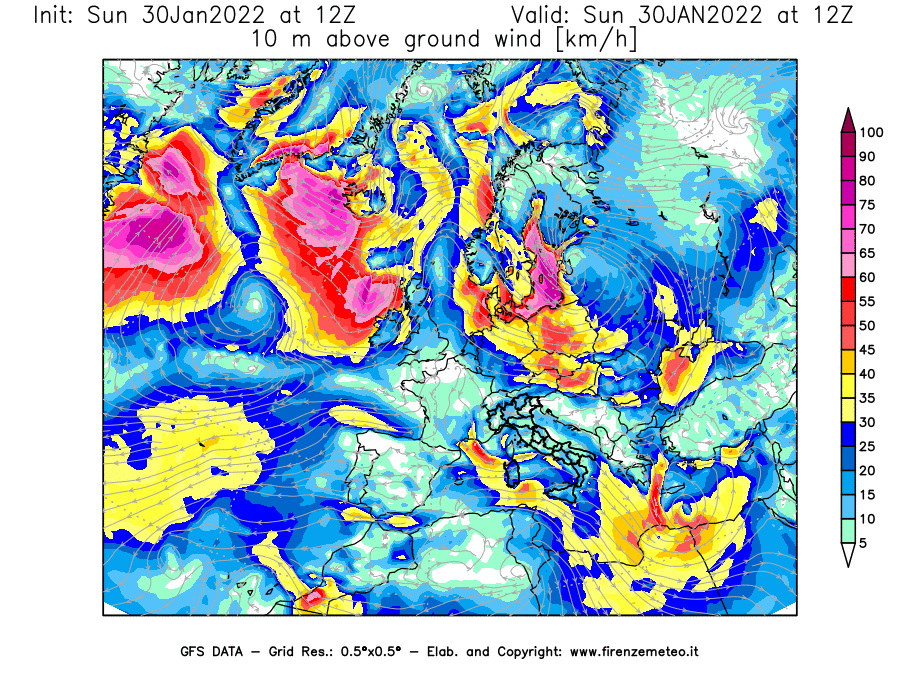Mappa di analisi GFS - Velocità del vento a 10 metri dal suolo [km/h] in Europa
							del 30/01/2022 12 <!--googleoff: index-->UTC<!--googleon: index-->