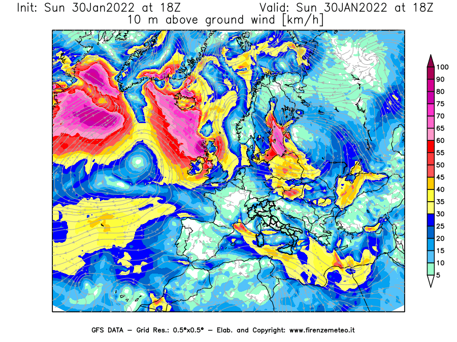 Mappa di analisi GFS - Velocità del vento a 10 metri dal suolo [km/h] in Europa
							del 30/01/2022 18 <!--googleoff: index-->UTC<!--googleon: index-->