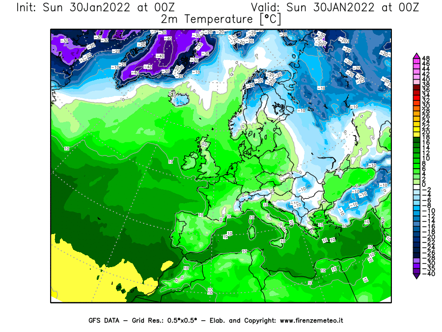 Mappa di analisi GFS - Temperatura a 2 metri dal suolo [°C] in Europa
							del 30/01/2022 00 <!--googleoff: index-->UTC<!--googleon: index-->