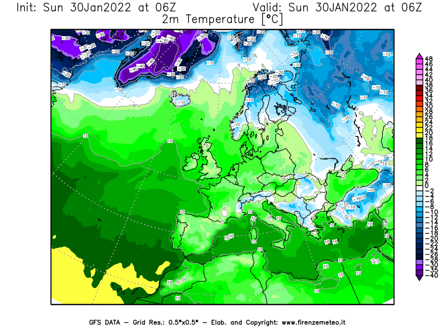 Mappa di analisi GFS - Temperatura a 2 metri dal suolo [°C] in Europa
							del 30/01/2022 06 <!--googleoff: index-->UTC<!--googleon: index-->