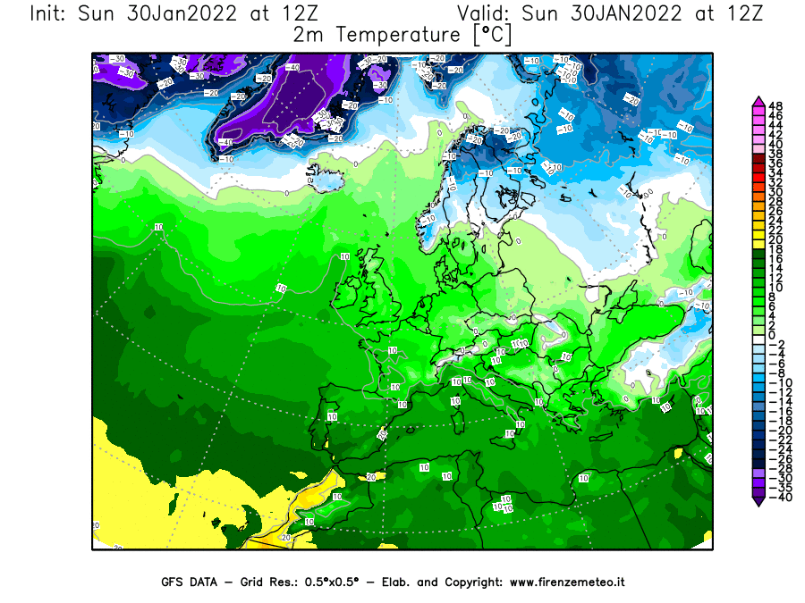 Mappa di analisi GFS - Temperatura a 2 metri dal suolo [°C] in Europa
							del 30/01/2022 12 <!--googleoff: index-->UTC<!--googleon: index-->