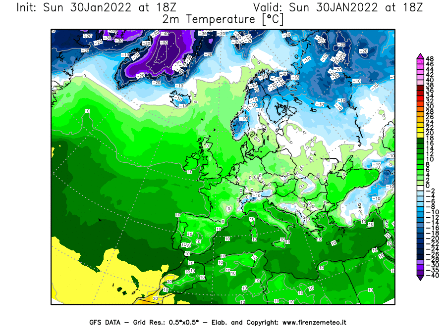 Mappa di analisi GFS - Temperatura a 2 metri dal suolo [°C] in Europa
							del 30/01/2022 18 <!--googleoff: index-->UTC<!--googleon: index-->