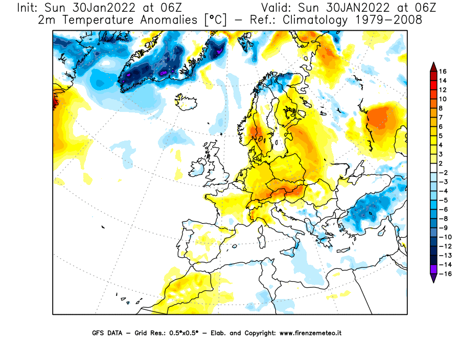 Mappa di analisi GFS - Anomalia Temperatura [°C] a 2 m in Europa
							del 30/01/2022 06 <!--googleoff: index-->UTC<!--googleon: index-->