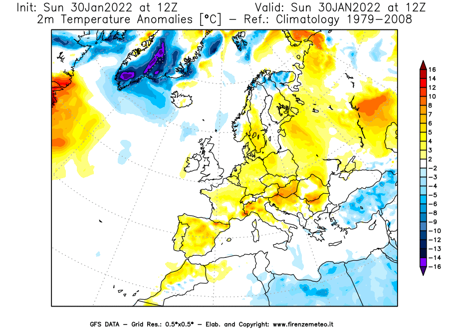 Mappa di analisi GFS - Anomalia Temperatura [°C] a 2 m in Europa
							del 30/01/2022 12 <!--googleoff: index-->UTC<!--googleon: index-->