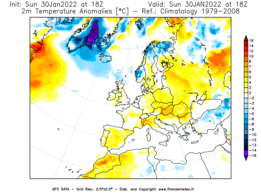 Mappa di analisi GFS - Anomalia Temperatura [°C] a 2 m in Europa
							del 30/01/2022 18 <!--googleoff: index-->UTC<!--googleon: index-->