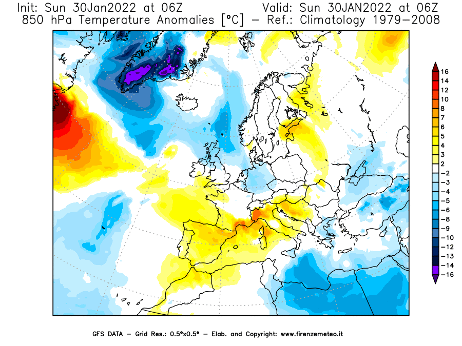 Mappa di analisi GFS - Anomalia Temperatura [°C] a 850 hPa in Europa
							del 30/01/2022 06 <!--googleoff: index-->UTC<!--googleon: index-->