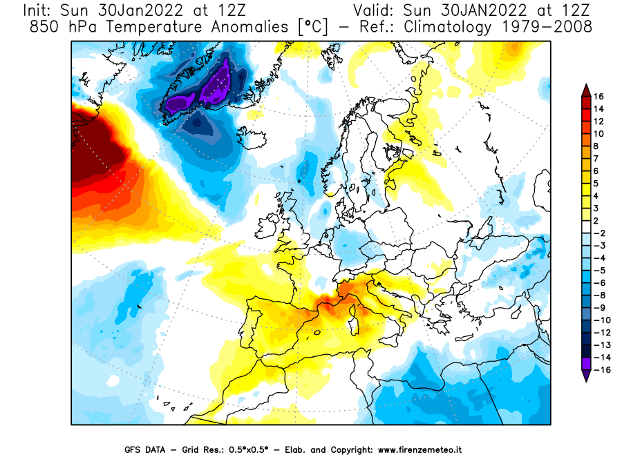 Mappa di analisi GFS - Anomalia Temperatura [°C] a 850 hPa in Europa
							del 30/01/2022 12 <!--googleoff: index-->UTC<!--googleon: index-->