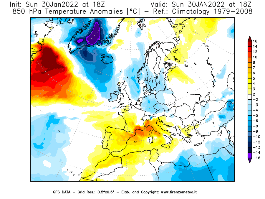 Mappa di analisi GFS - Anomalia Temperatura [°C] a 850 hPa in Europa
							del 30/01/2022 18 <!--googleoff: index-->UTC<!--googleon: index-->