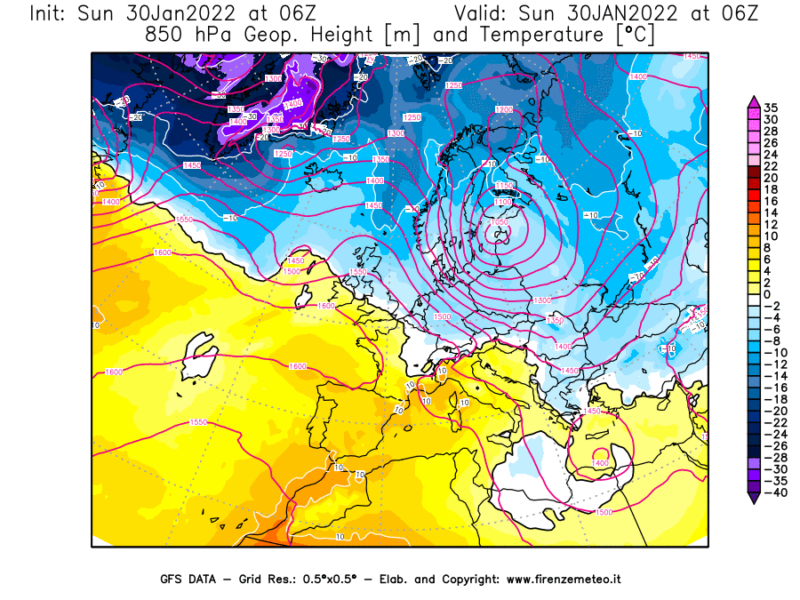 Mappa di analisi GFS - Geopotenziale [m] e Temperatura [°C] a 850 hPa in Europa
							del 30/01/2022 06 <!--googleoff: index-->UTC<!--googleon: index-->