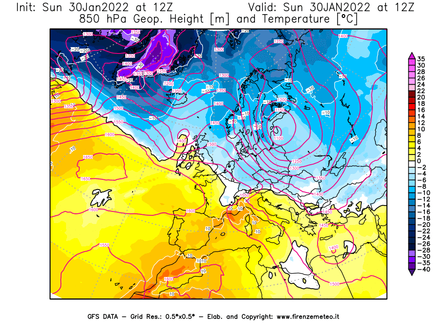 Mappa di analisi GFS - Geopotenziale [m] e Temperatura [°C] a 850 hPa in Europa
							del 30/01/2022 12 <!--googleoff: index-->UTC<!--googleon: index-->