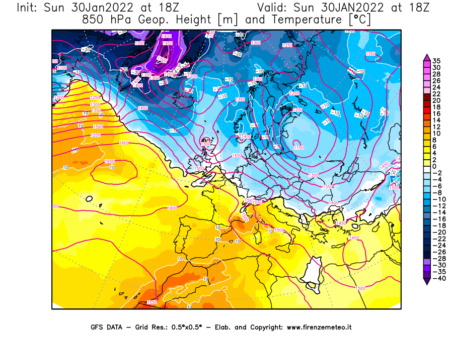 Mappa di analisi GFS - Geopotenziale [m] e Temperatura [°C] a 850 hPa in Europa
							del 30/01/2022 18 <!--googleoff: index-->UTC<!--googleon: index-->