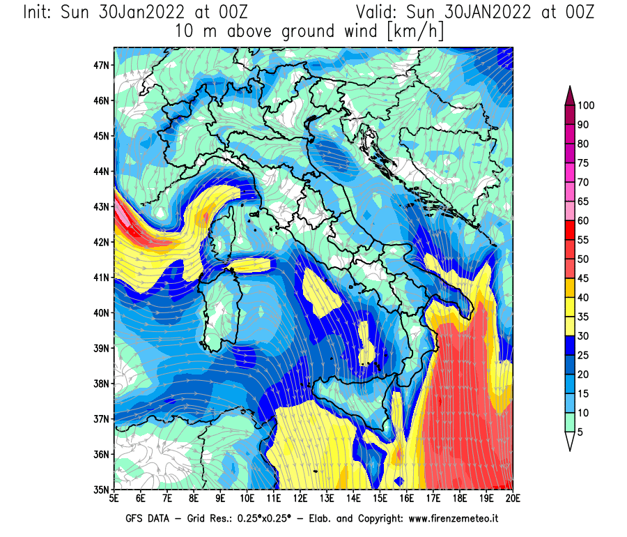 Mappa di analisi GFS - Velocità del vento a 10 metri dal suolo [km/h] in Italia
							del 30/01/2022 00 <!--googleoff: index-->UTC<!--googleon: index-->