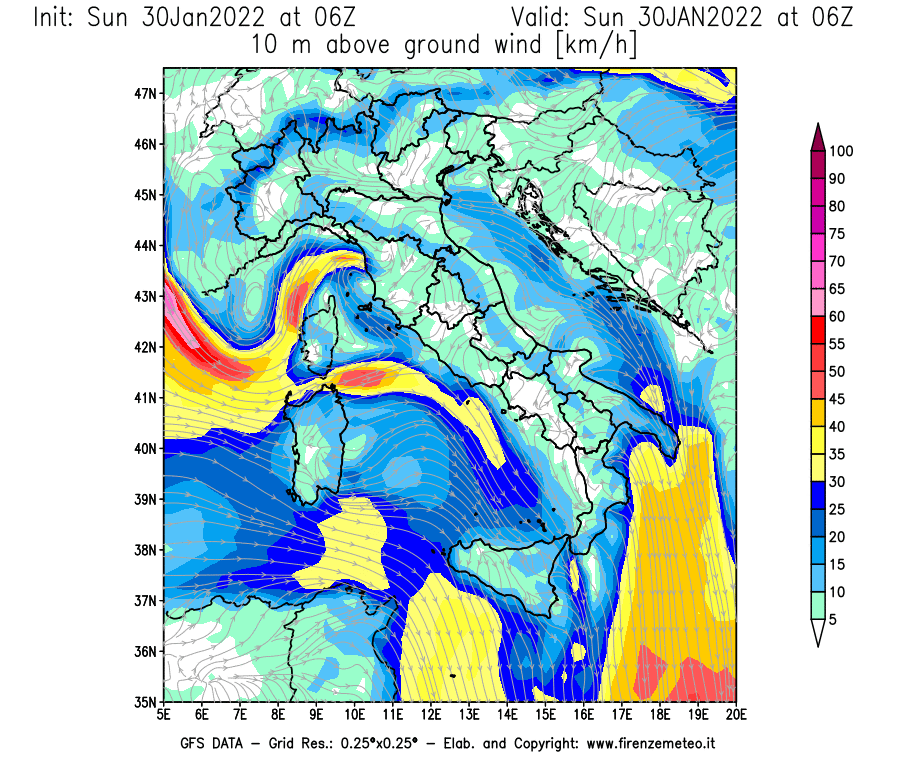 Mappa di analisi GFS - Velocità del vento a 10 metri dal suolo [km/h] in Italia
							del 30/01/2022 06 <!--googleoff: index-->UTC<!--googleon: index-->