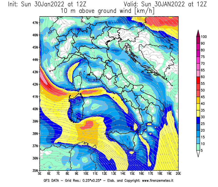 Mappa di analisi GFS - Velocità del vento a 10 metri dal suolo [km/h] in Italia
							del 30/01/2022 12 <!--googleoff: index-->UTC<!--googleon: index-->