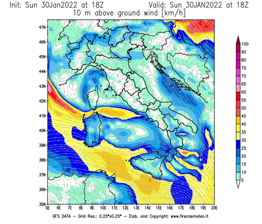 Mappa di analisi GFS - Velocità del vento a 10 metri dal suolo [km/h] in Italia
							del 30/01/2022 18 <!--googleoff: index-->UTC<!--googleon: index-->