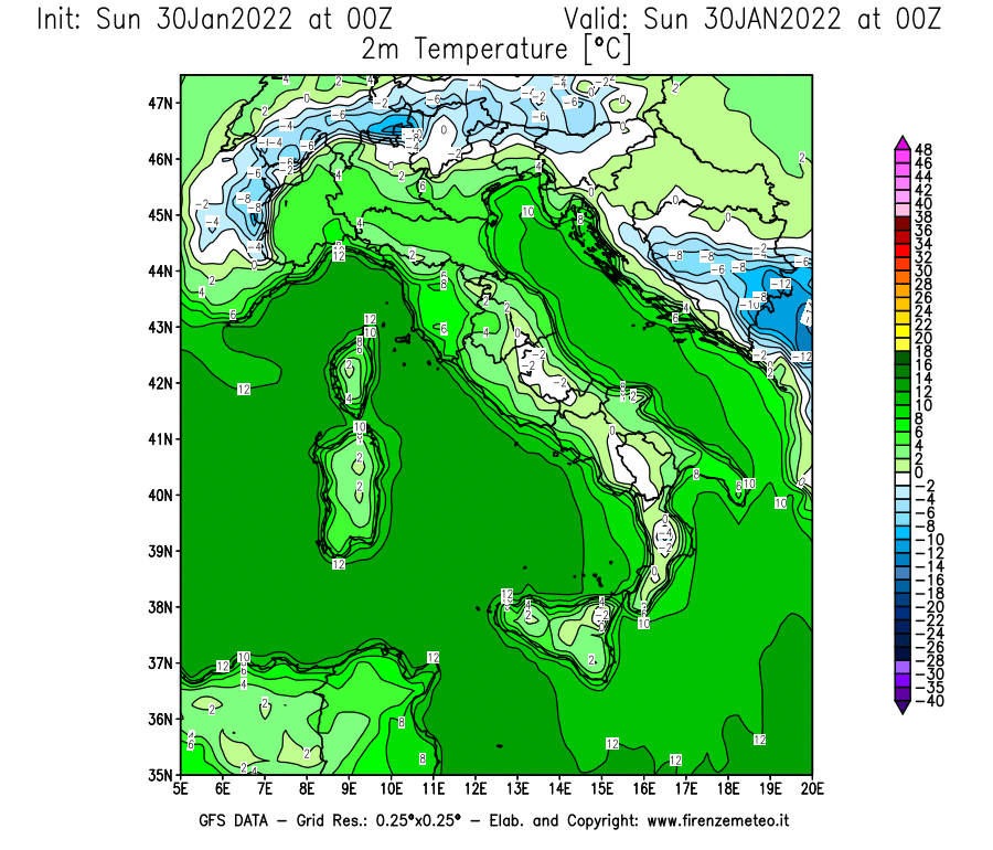 Mappa di analisi GFS - Temperatura a 2 metri dal suolo [°C] in Italia
							del 30/01/2022 00 <!--googleoff: index-->UTC<!--googleon: index-->