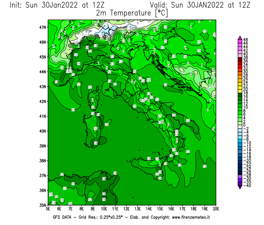 Mappa di analisi GFS - Temperatura a 2 metri dal suolo [°C] in Italia
							del 30/01/2022 12 <!--googleoff: index-->UTC<!--googleon: index-->