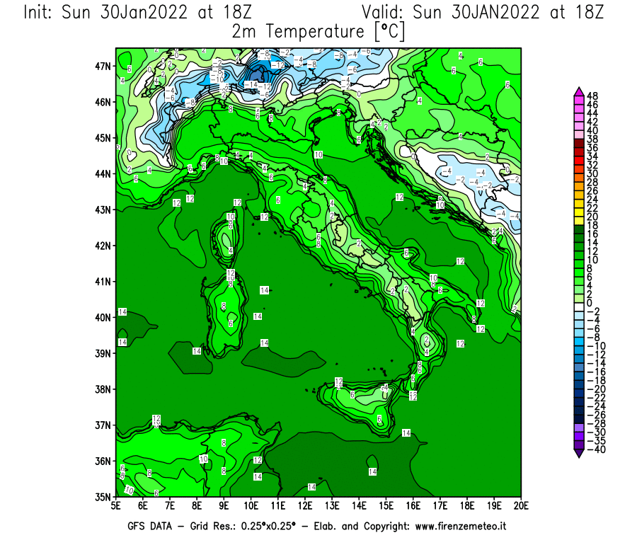 Mappa di analisi GFS - Temperatura a 2 metri dal suolo [°C] in Italia
							del 30/01/2022 18 <!--googleoff: index-->UTC<!--googleon: index-->