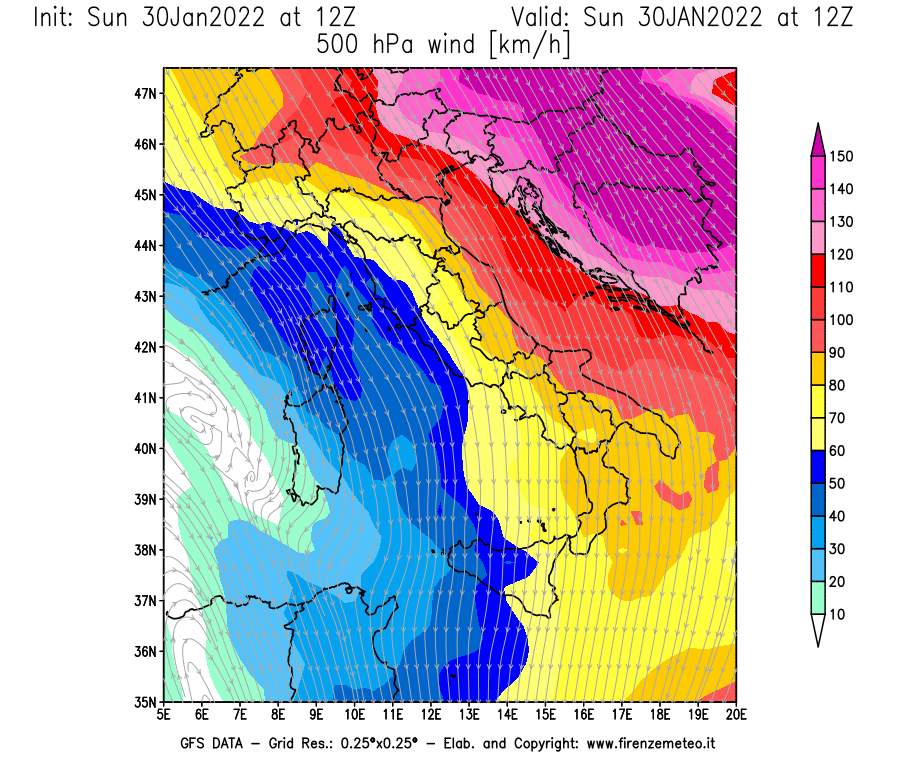 Mappa di analisi GFS - Velocità del vento a 500 hPa [km/h] in Italia
							del 30/01/2022 12 <!--googleoff: index-->UTC<!--googleon: index-->