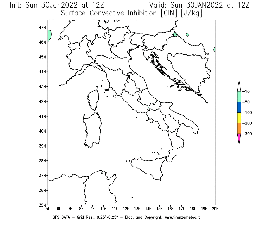 Mappa di analisi GFS - CIN [J/kg] in Italia
							del 30/01/2022 12 <!--googleoff: index-->UTC<!--googleon: index-->