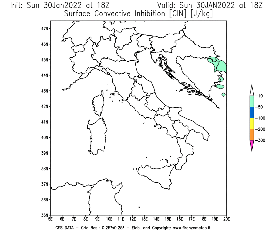 Mappa di analisi GFS - CIN [J/kg] in Italia
							del 30/01/2022 18 <!--googleoff: index-->UTC<!--googleon: index-->