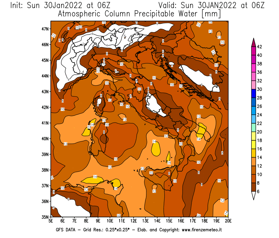 Mappa di analisi GFS - Precipitable Water [mm] in Italia
							del 30/01/2022 06 <!--googleoff: index-->UTC<!--googleon: index-->