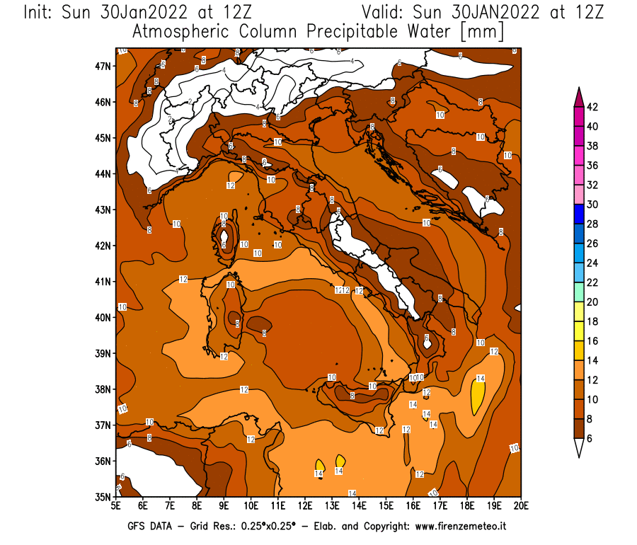 Mappa di analisi GFS - Precipitable Water [mm] in Italia
							del 30/01/2022 12 <!--googleoff: index-->UTC<!--googleon: index-->