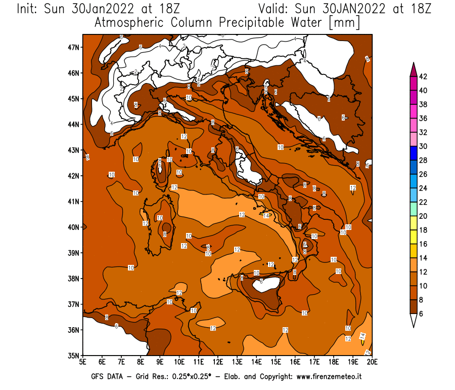 Mappa di analisi GFS - Precipitable Water [mm] in Italia
							del 30/01/2022 18 <!--googleoff: index-->UTC<!--googleon: index-->