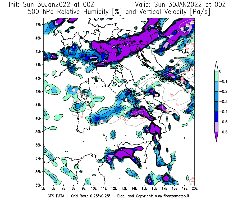 Mappa di analisi GFS - Umidità relativa [%] e Omega [Pa/s] a 500 hPa in Italia
							del 30/01/2022 00 <!--googleoff: index-->UTC<!--googleon: index-->