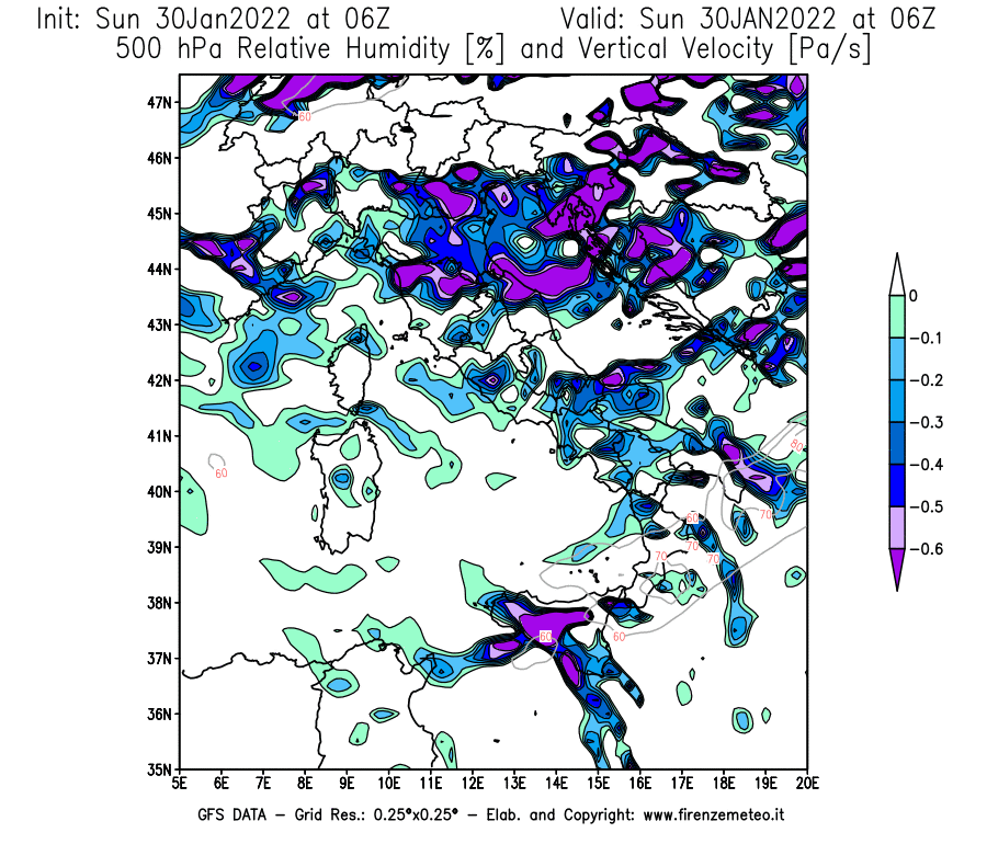 Mappa di analisi GFS - Umidità relativa [%] e Omega [Pa/s] a 500 hPa in Italia
							del 30/01/2022 06 <!--googleoff: index-->UTC<!--googleon: index-->