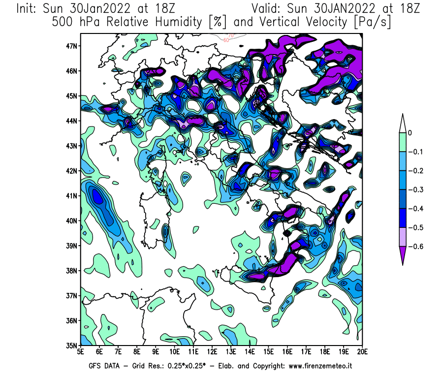 Mappa di analisi GFS - Umidità relativa [%] e Omega [Pa/s] a 500 hPa in Italia
							del 30/01/2022 18 <!--googleoff: index-->UTC<!--googleon: index-->