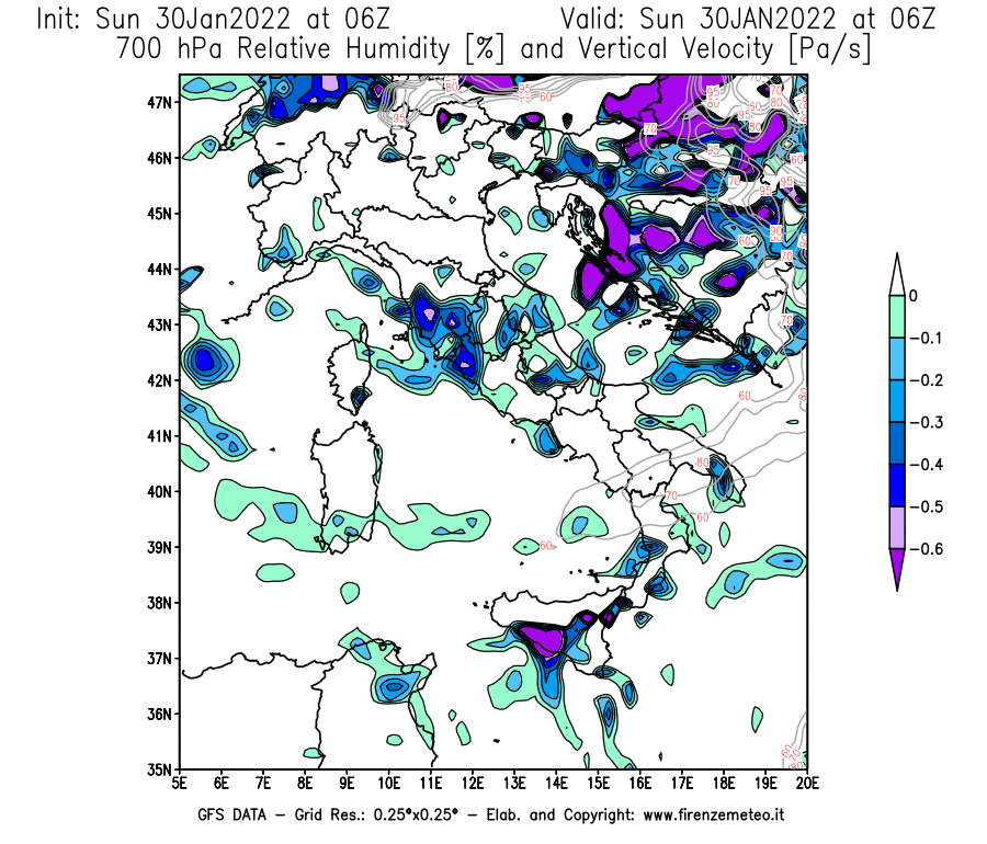 Mappa di analisi GFS - Umidità relativa [%] e Omega [Pa/s] a 700 hPa in Italia
							del 30/01/2022 06 <!--googleoff: index-->UTC<!--googleon: index-->