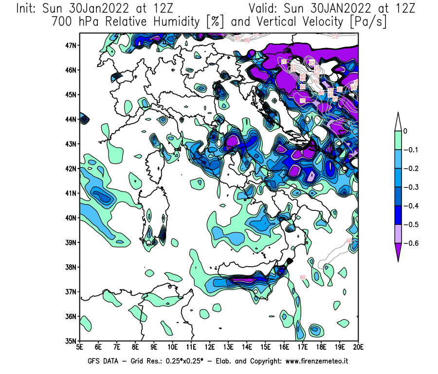 Mappa di analisi GFS - Umidità relativa [%] e Omega [Pa/s] a 700 hPa in Italia
							del 30/01/2022 12 <!--googleoff: index-->UTC<!--googleon: index-->