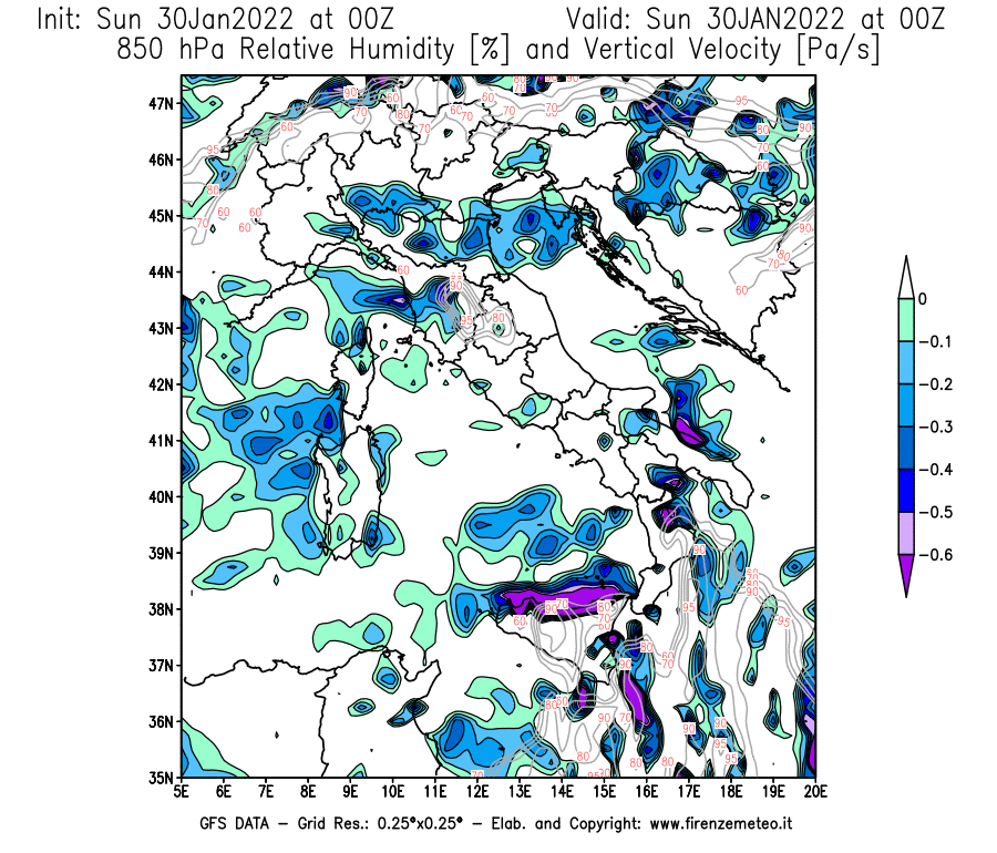 Mappa di analisi GFS - Umidità relativa [%] e Omega [Pa/s] a 850 hPa in Italia
							del 30/01/2022 00 <!--googleoff: index-->UTC<!--googleon: index-->