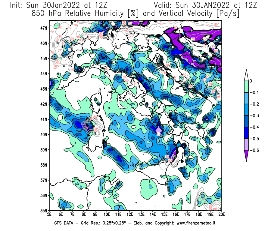Mappa di analisi GFS - Umidità relativa [%] e Omega [Pa/s] a 850 hPa in Italia
							del 30/01/2022 12 <!--googleoff: index-->UTC<!--googleon: index-->
